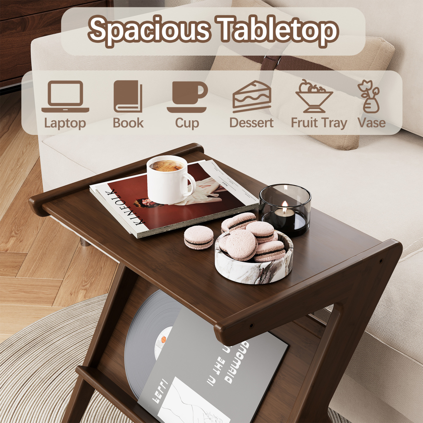 ULIESC Z-Shaped Bamboo End Table with Wheels, Walnut Finish Side Table for Living Room