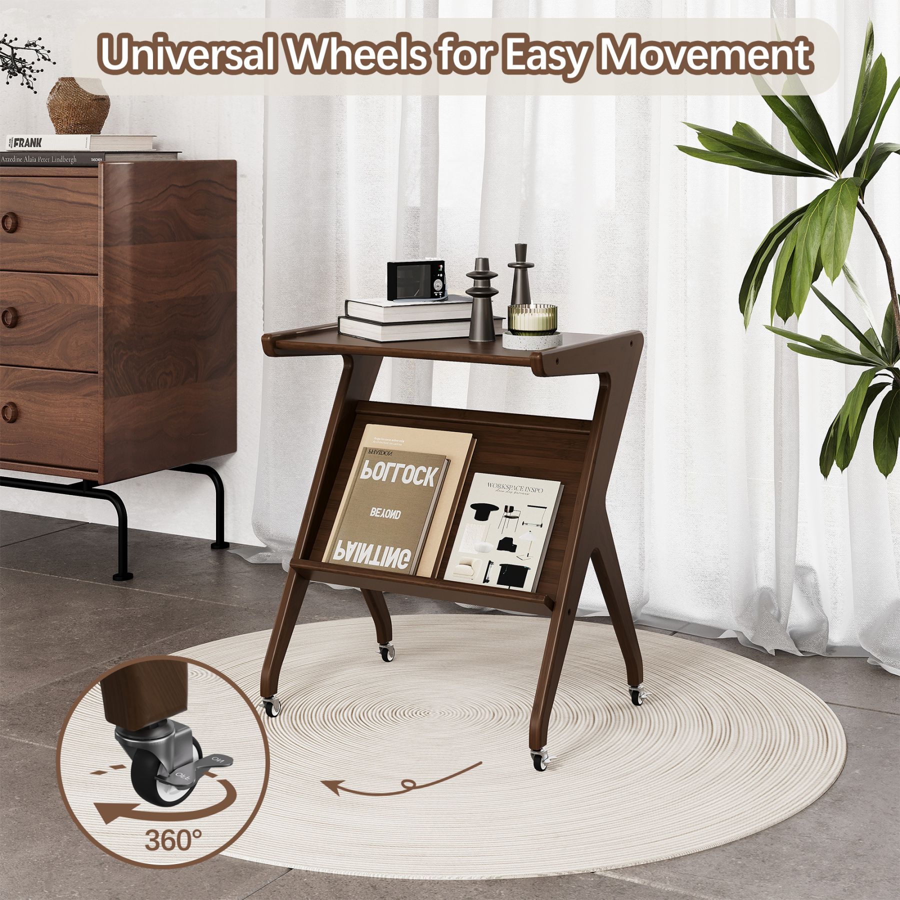 ULIESC Z-Shaped Bamboo End Table with Wheels, Walnut Finish Side Table for Living Room