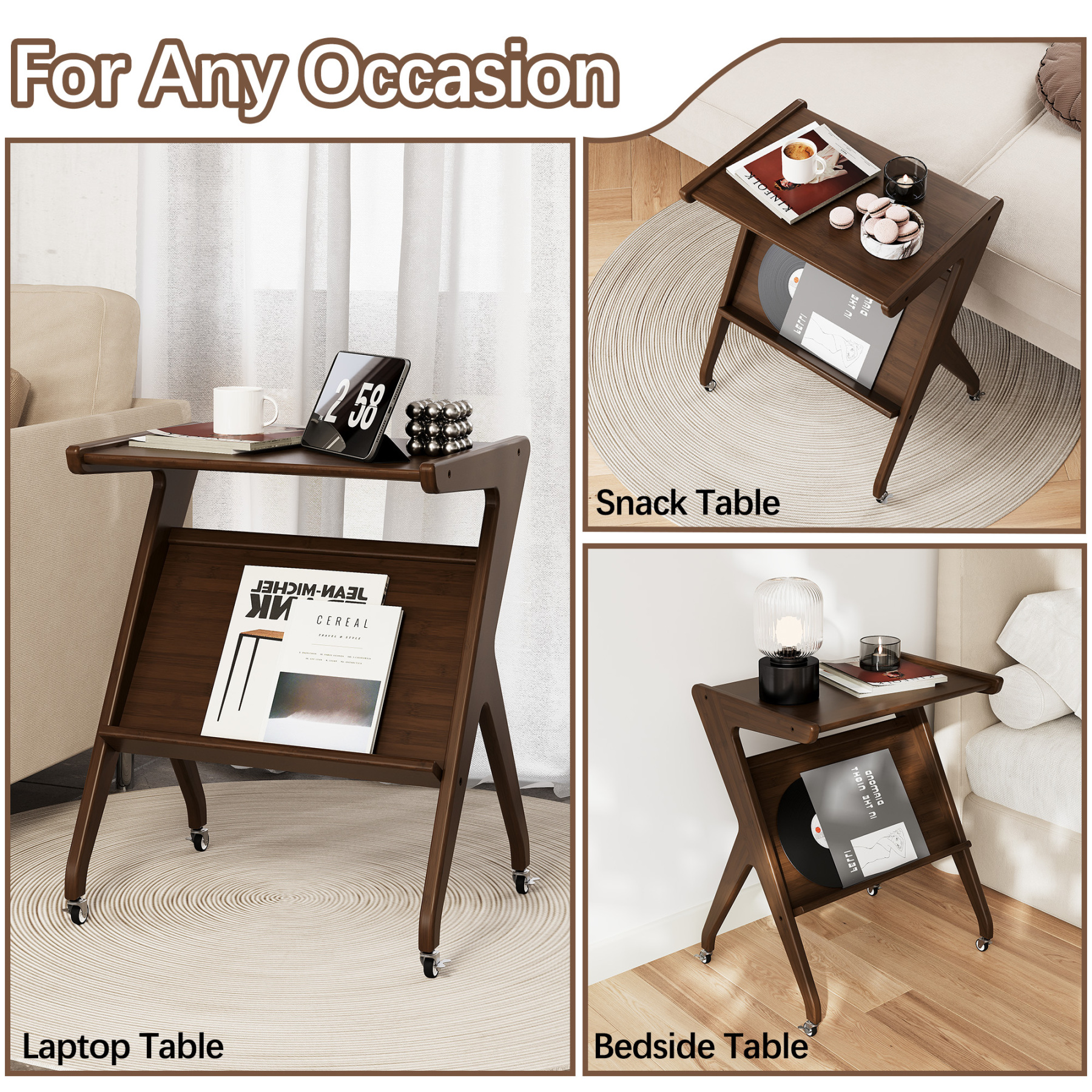 ULIESC Z-Shaped Bamboo End Table with Wheels, Walnut Finish Side Table for Living Room