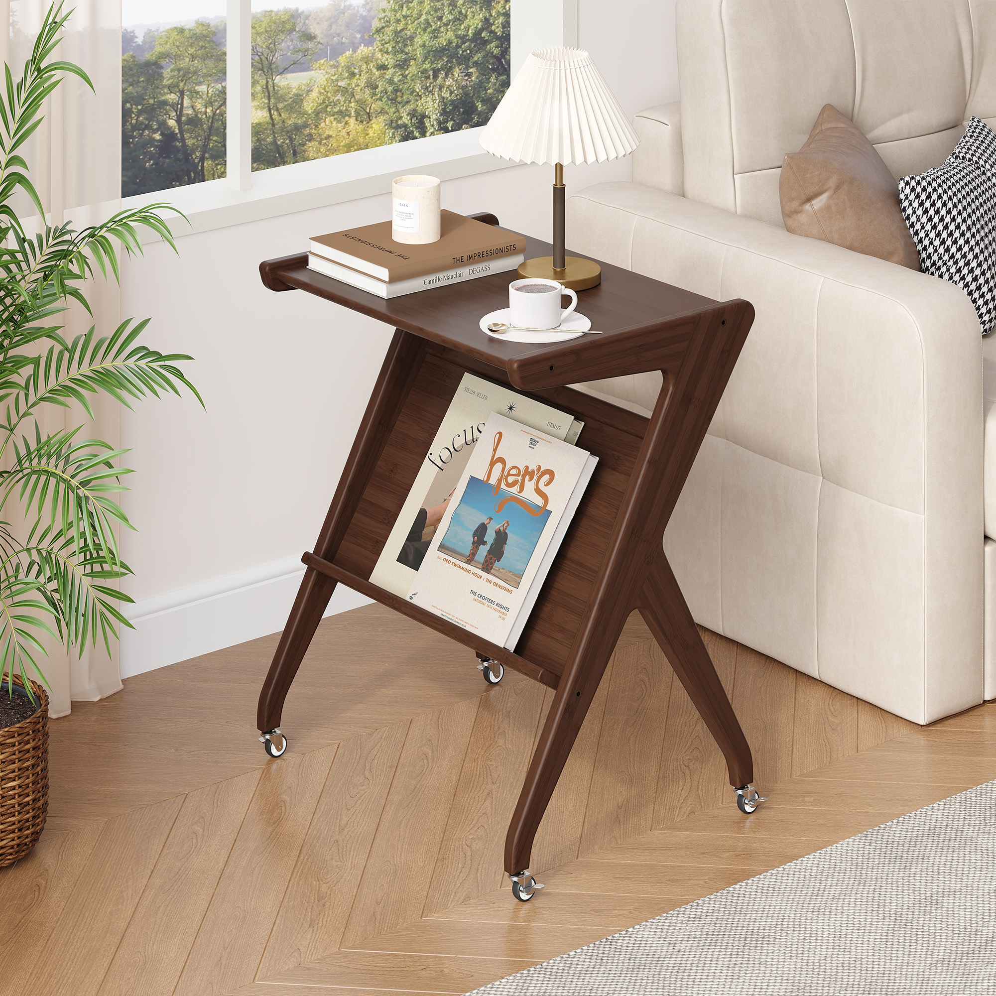 ULIESC Z-Shaped Bamboo End Table with Wheels, Walnut Finish Side Table for Living Room