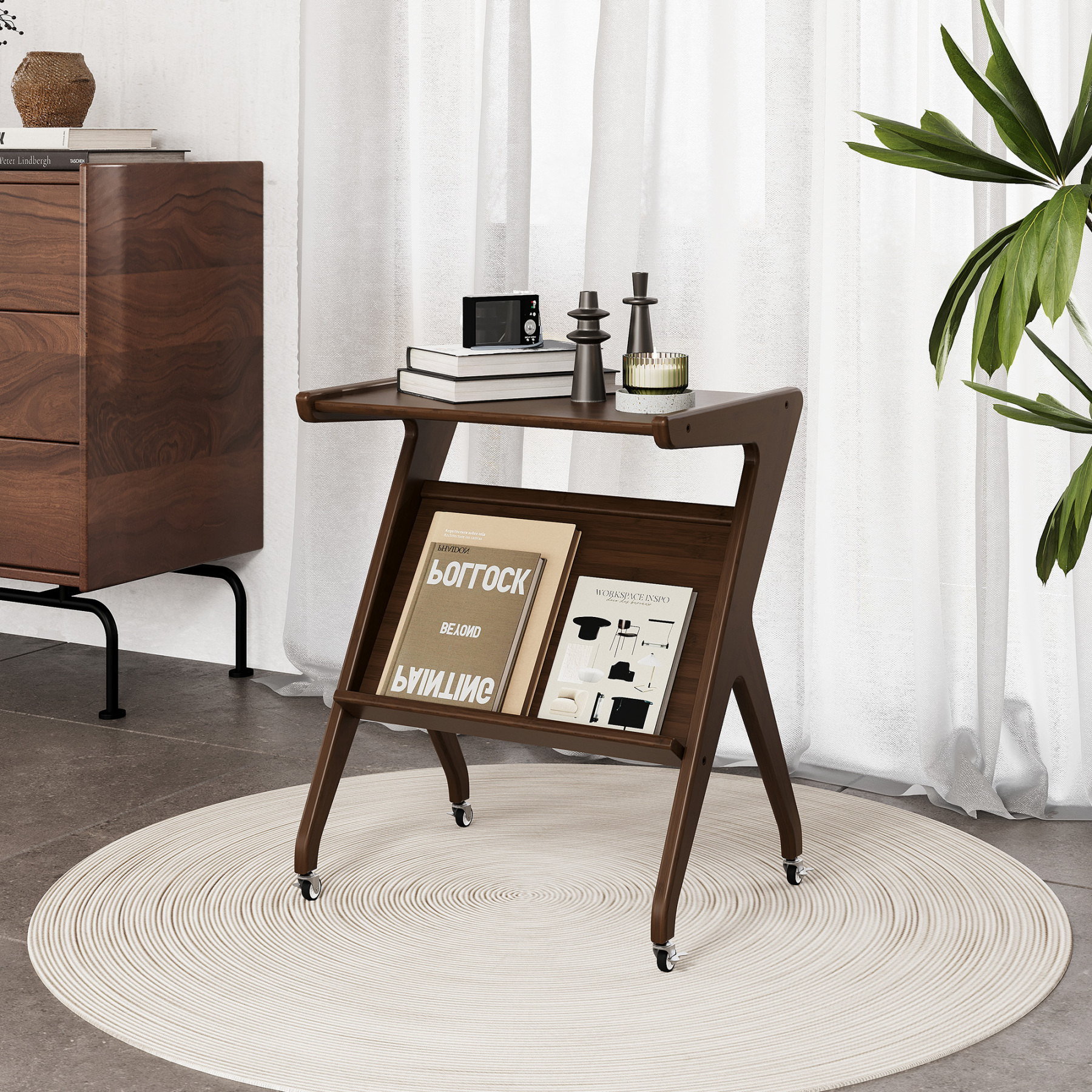 ULIESC Z-Shaped Bamboo End Table with Wheels, Walnut Finish Side Table for Living Room