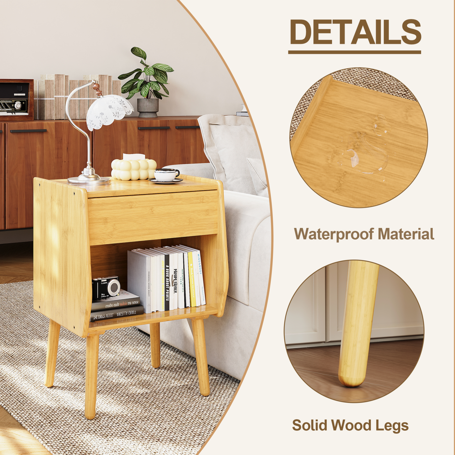 ULIESC Natural Bamboo Nightstand with Open Shelf, Eco-Friendly Storage Furniture, Sturdy & Space-Saving Design