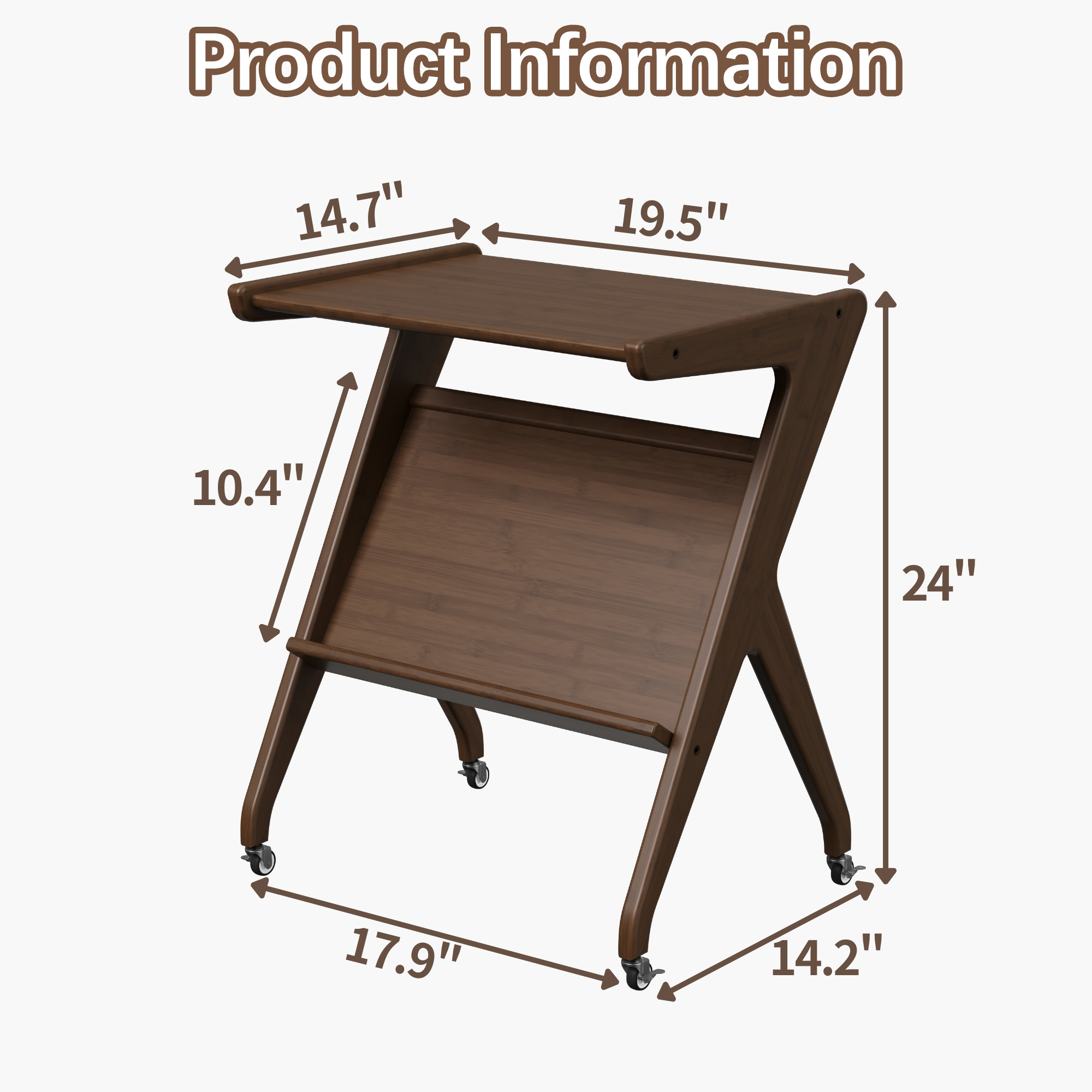 ULIESC Z-Shaped Bamboo End Table with Wheels, Walnut Finish Side Table for Living Room