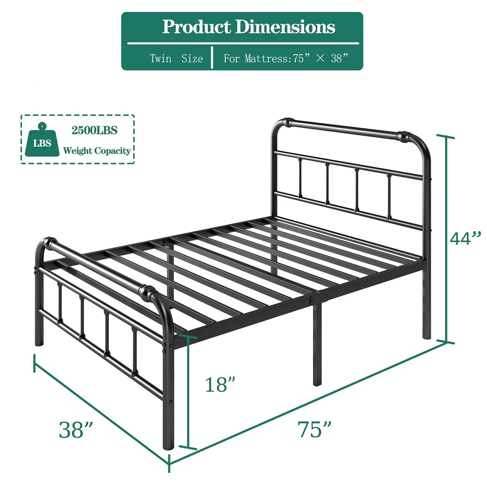 QFTIME Twin Bed Frame with Headboard, Vintage Style, Heavy-Duty Metal Platform Bed Frame with 18" High, Non-Slip and Noise-Free, No Box Spring Needed, Black