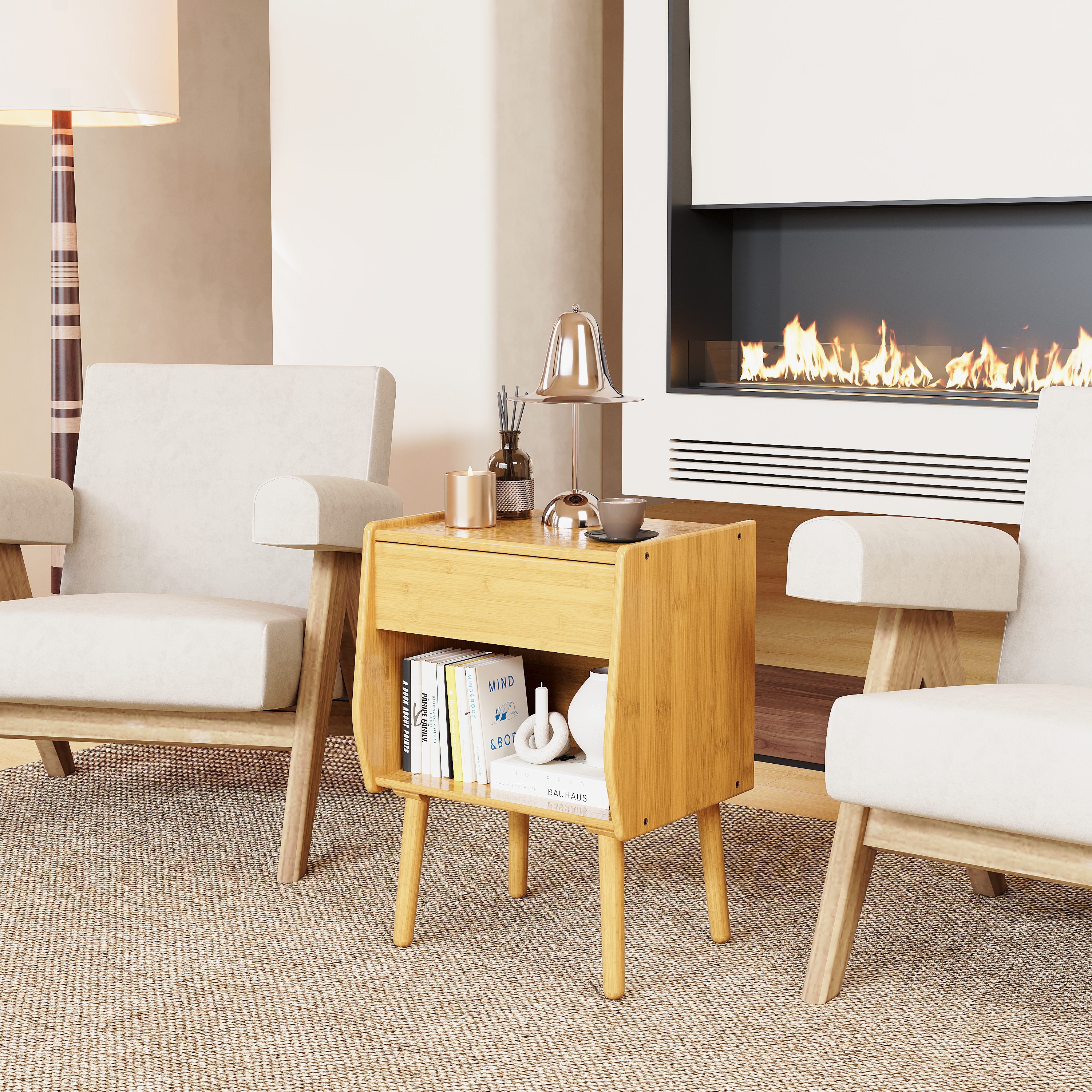 ULIESC Natural Bamboo Nightstand with Open Shelf, Eco-Friendly Storage Furniture, Sturdy & Space-Saving Design