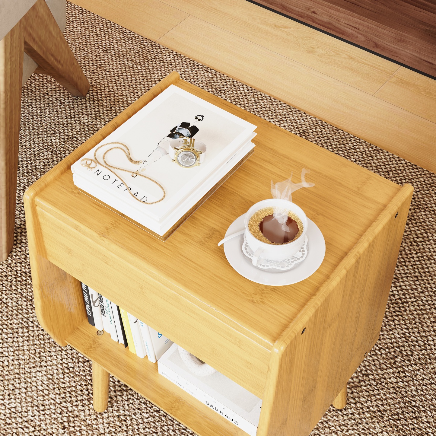 ULIESC Natural Bamboo Nightstand with Open Shelf, Eco-Friendly Storage Furniture, Sturdy & Space-Saving Design