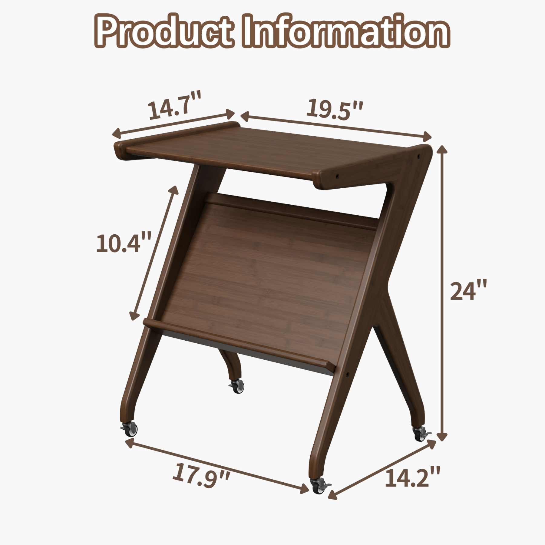 ULIESC Z-Shaped Bamboo End Table with Wheels, Walnut Finish Side Table for Living Room