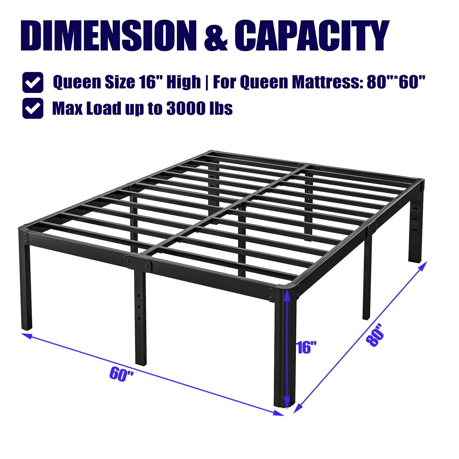 ULIESC 16 Inch High Queen Bed Frame No Box Spring Needed, Heavy Duty Metal Platform Bed Frame Queen with Round Corners, Easy Assembly and Noise-Free, Black