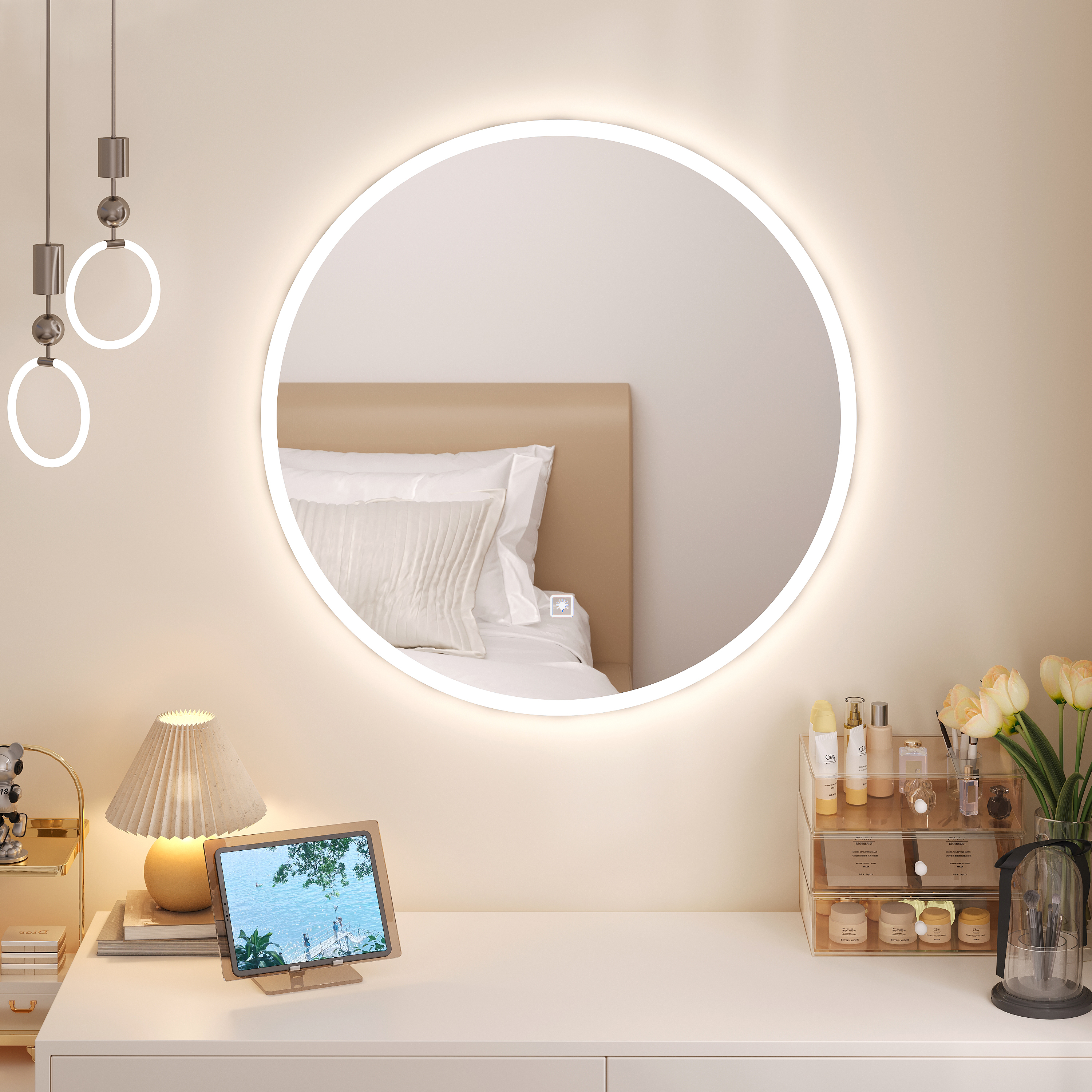 ULIESC 30 inch Round LED Bathroom Mirror with Lights, Dimmable Wall Mounted Vanity Mirror with 3 Color Lighting for Bathroom and Makeup Room