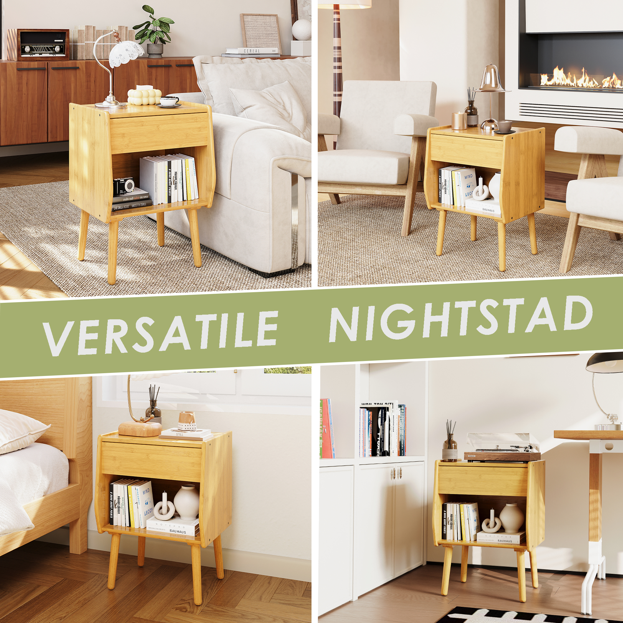 ULIESC Natural Bamboo Nightstand with Open Shelf, Eco-Friendly Storage Furniture, Sturdy & Space-Saving Design