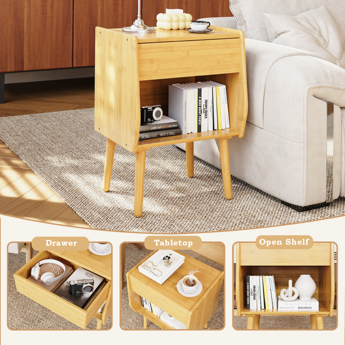 ULIESC Natural Bamboo Nightstand with Open Shelf, Eco-Friendly Storage Furniture, Sturdy & Space-Saving Design