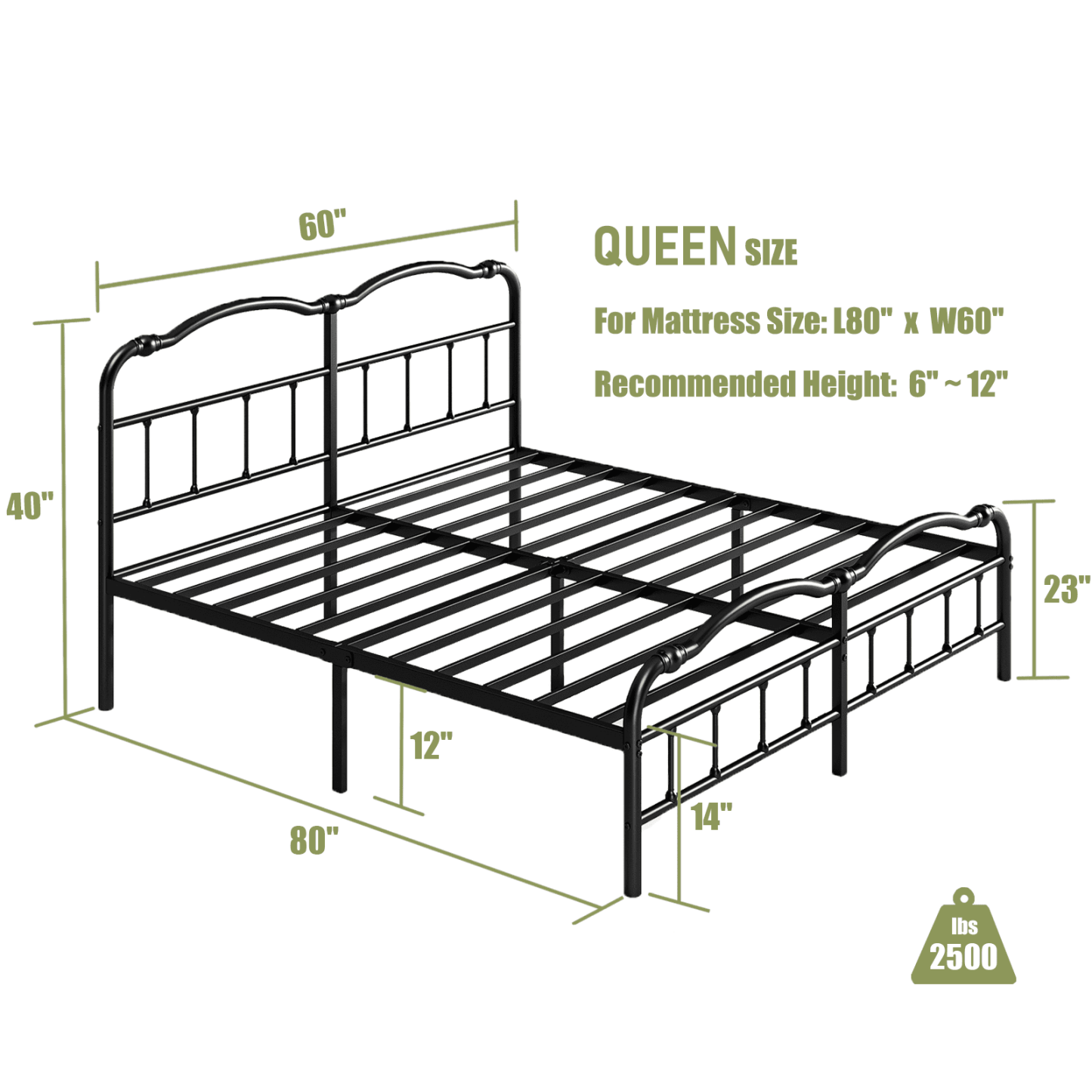 ULIESC Queen Size Bed Frame with Headboard and Footboard, 14 Inches High, Heavy Duty Steel Slat Support, Noise Free, No Box Spring Needed, Easy Assembly, Black