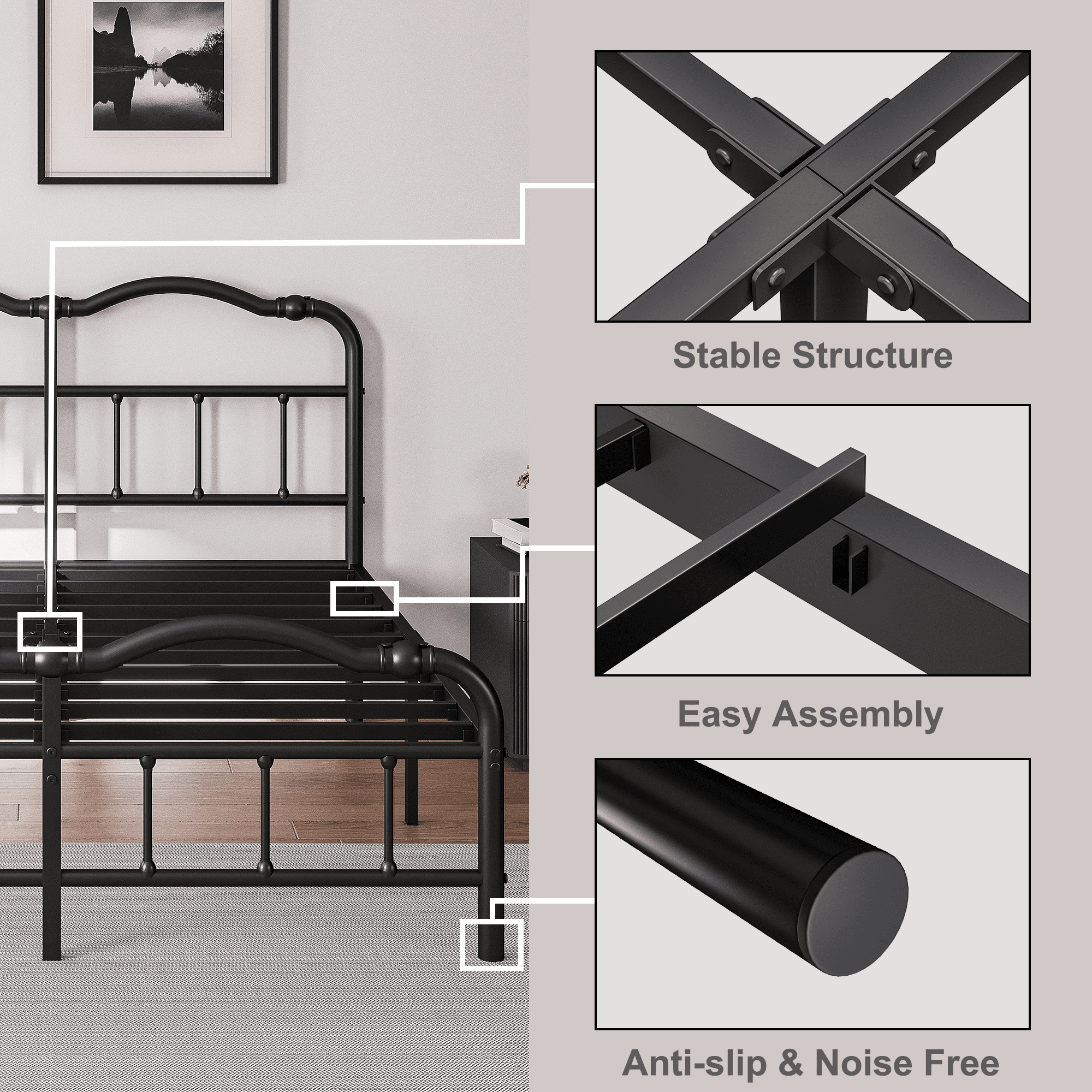 ULIESC Queen Size Bed Frame with Headboard and Footboard, 14 Inches High, Heavy Duty Steel Slat Support, Noise Free, No Box Spring Needed, Easy Assembly, Black