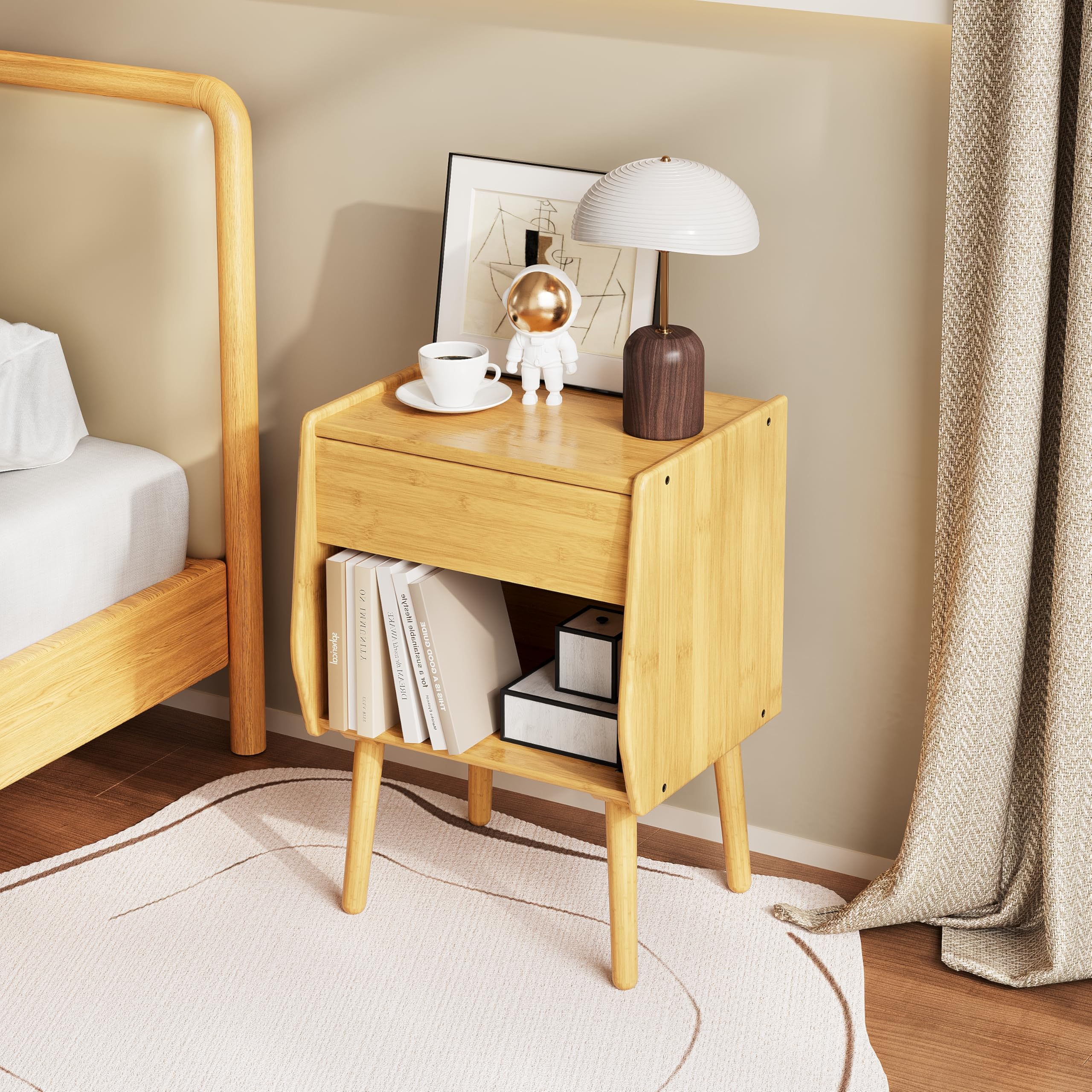 ULIESC Natural Bamboo Nightstand with Open Shelf, Eco-Friendly Storage Furniture, Sturdy & Space-Saving Design