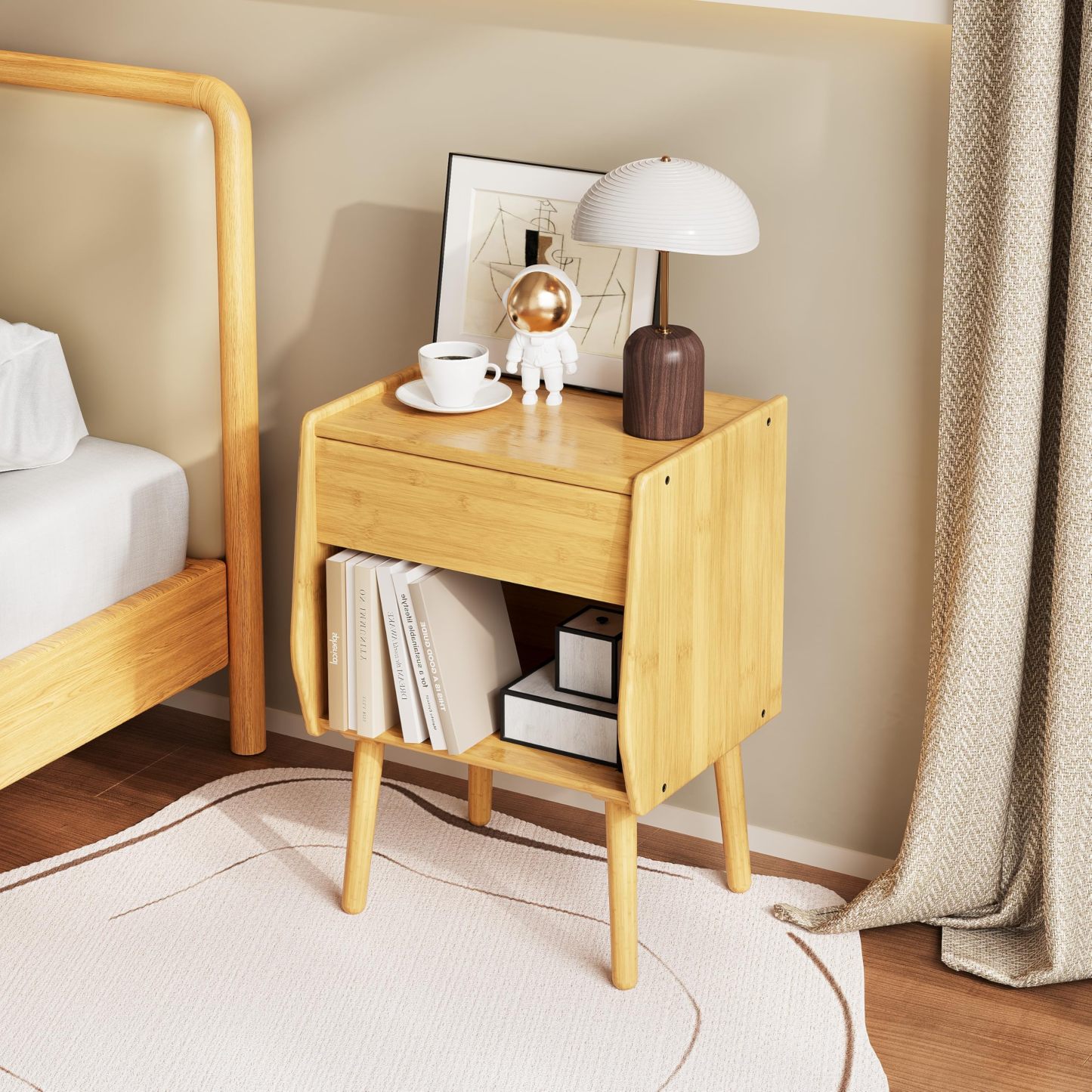 ULIESC Natural Bamboo Nightstand with Open Shelf, Eco-Friendly Storage Furniture, Sturdy & Space-Saving Design
