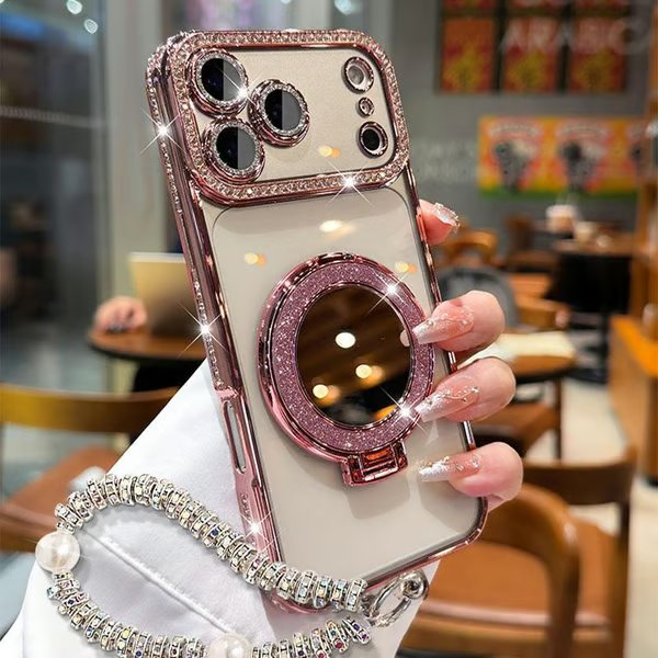 ✨💎Błyszczące etui z diamentami dla kobiet – z lusterkiem i podstawką – do iPhone 13/14/15/16/17 Pro Max, 17 Air, 14/15/16 Plus💖
