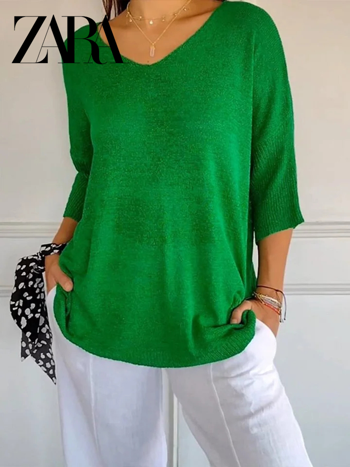 ZARA Solid Color Knitted V-neck Top