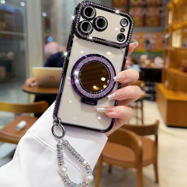 ✨💎Błyszczące etui z diamentami dla kobiet – z lusterkiem i podstawką – do iPhone 13/14/15/16/17 Pro Max, 17 Air, 14/15/16 Plus💖