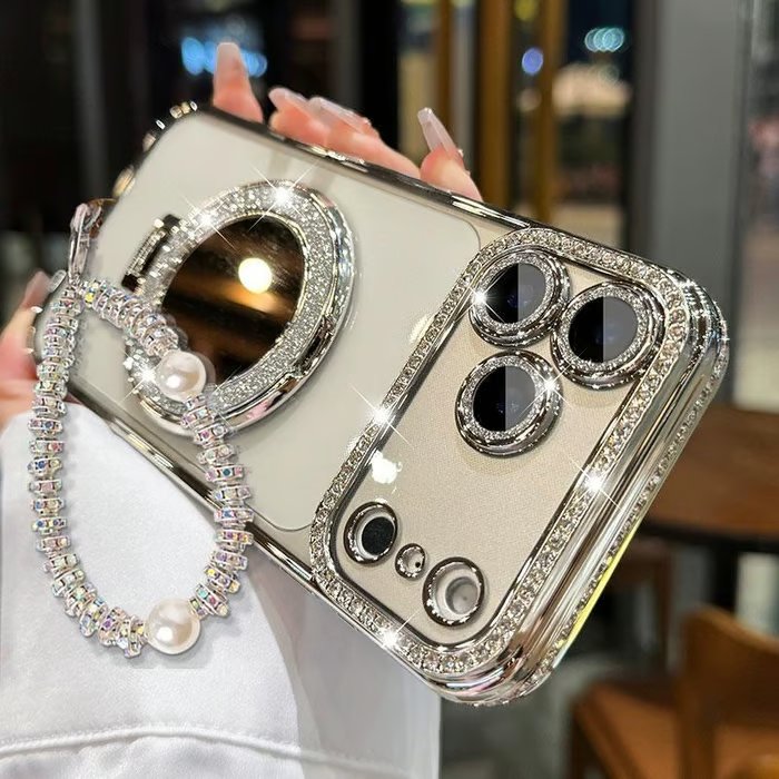 ✨💎Błyszczące etui z diamentami dla kobiet – z lusterkiem i podstawką – do iPhone 13/14/15/16/17 Pro Max, 17 Air, 14/15/16 Plus💖