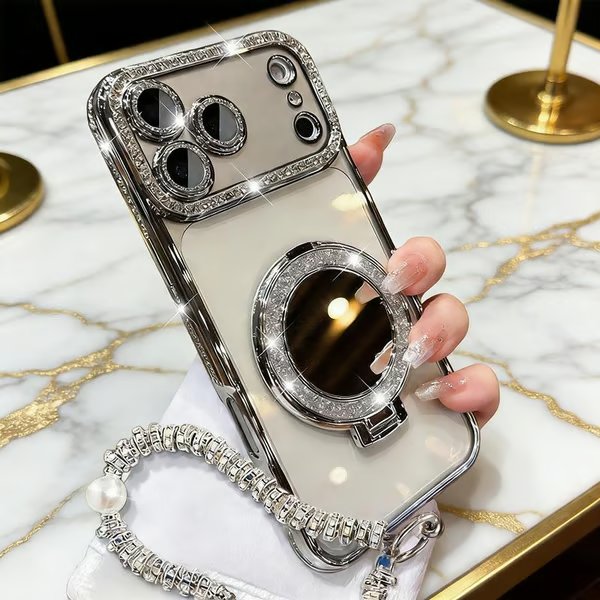 ✨💎Błyszczące etui z diamentami dla kobiet – z lusterkiem i podstawką – do iPhone 13/14/15/16/17 Pro Max, 17 Air, 14/15/16 Plus💖
