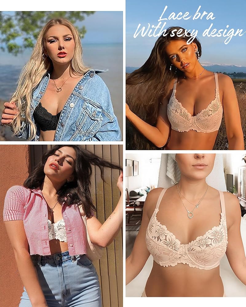👙TRIAUMPH – [4 τεμ.]🔥Σουτιέν push-up με μπανέλα και φλοράλ μοτίβο από δαντέλα