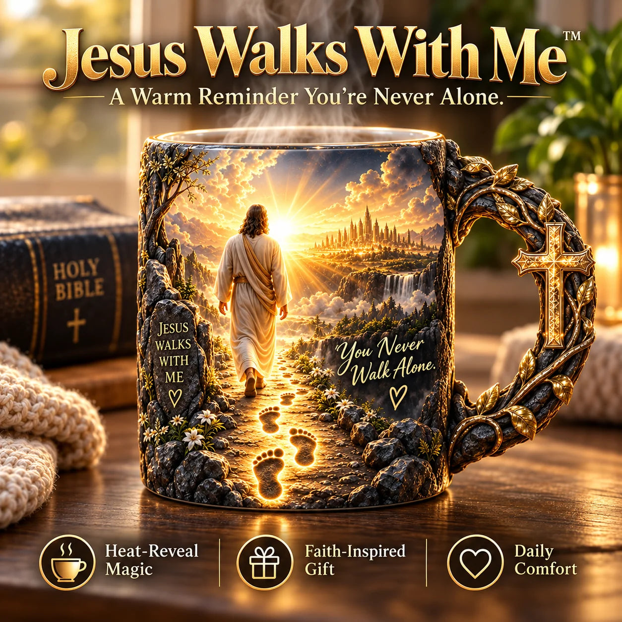 Jesus Walks With Me faith mug with Christian artwork and cross-inspired handle