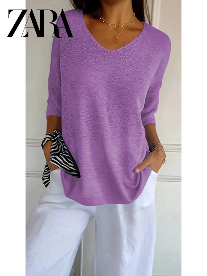 ZARA Solid Color Knitted V-neck Top
