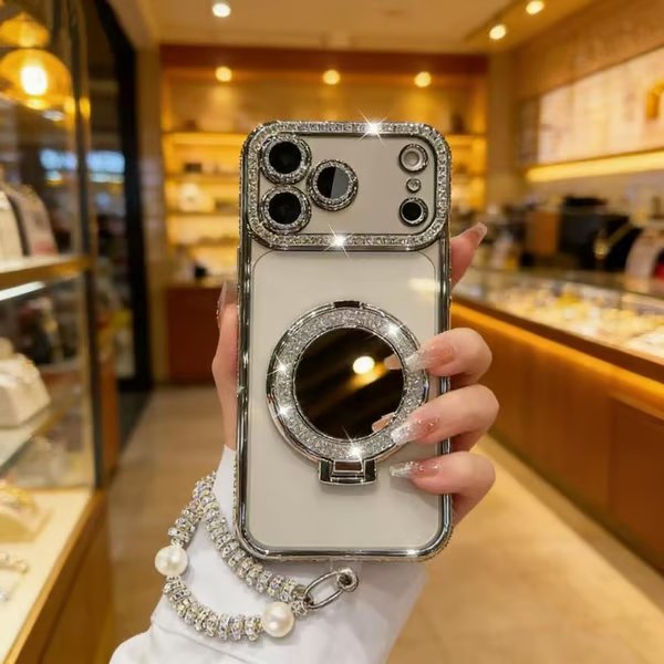 ✨💎Błyszczące etui z diamentami dla kobiet – z lusterkiem i podstawką – do iPhone 13/14/15/16/17 Pro Max, 17 Air, 14/15/16 Plus💖