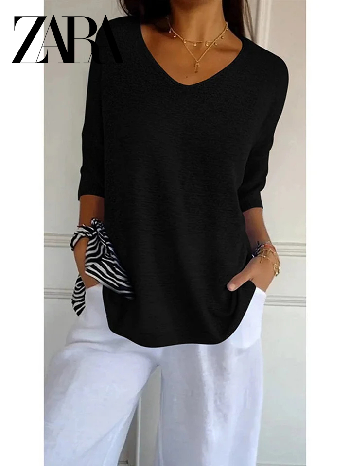 ZARA Solid Color Knitted V-neck Top