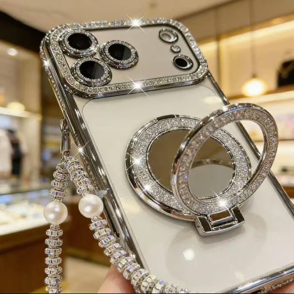 ✨💎Błyszczące etui z diamentami dla kobiet – z lusterkiem i podstawką – do iPhone 13/14/15/16/17 Pro Max, 17 Air, 14/15/16 Plus💖