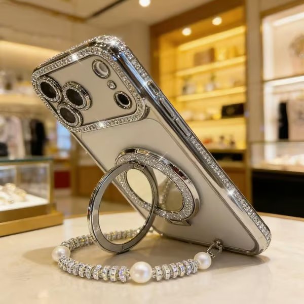 ✨💎Błyszczące etui z diamentami dla kobiet – z lusterkiem i podstawką – do iPhone 13/14/15/16/17 Pro Max, 17 Air, 14/15/16 Plus💖