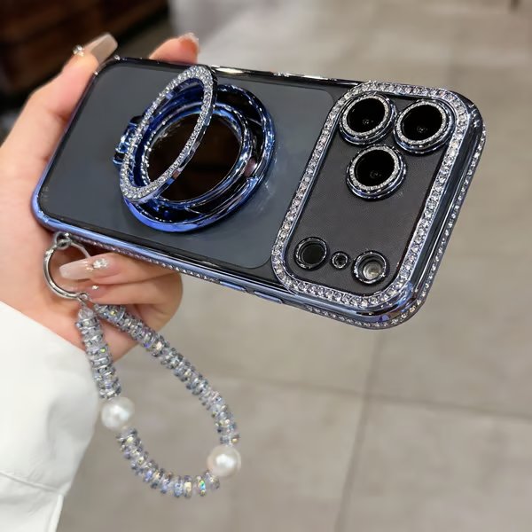 ✨💎Błyszczące etui z diamentami dla kobiet – z lusterkiem i podstawką – do iPhone 13/14/15/16/17 Pro Max, 17 Air, 14/15/16 Plus💖