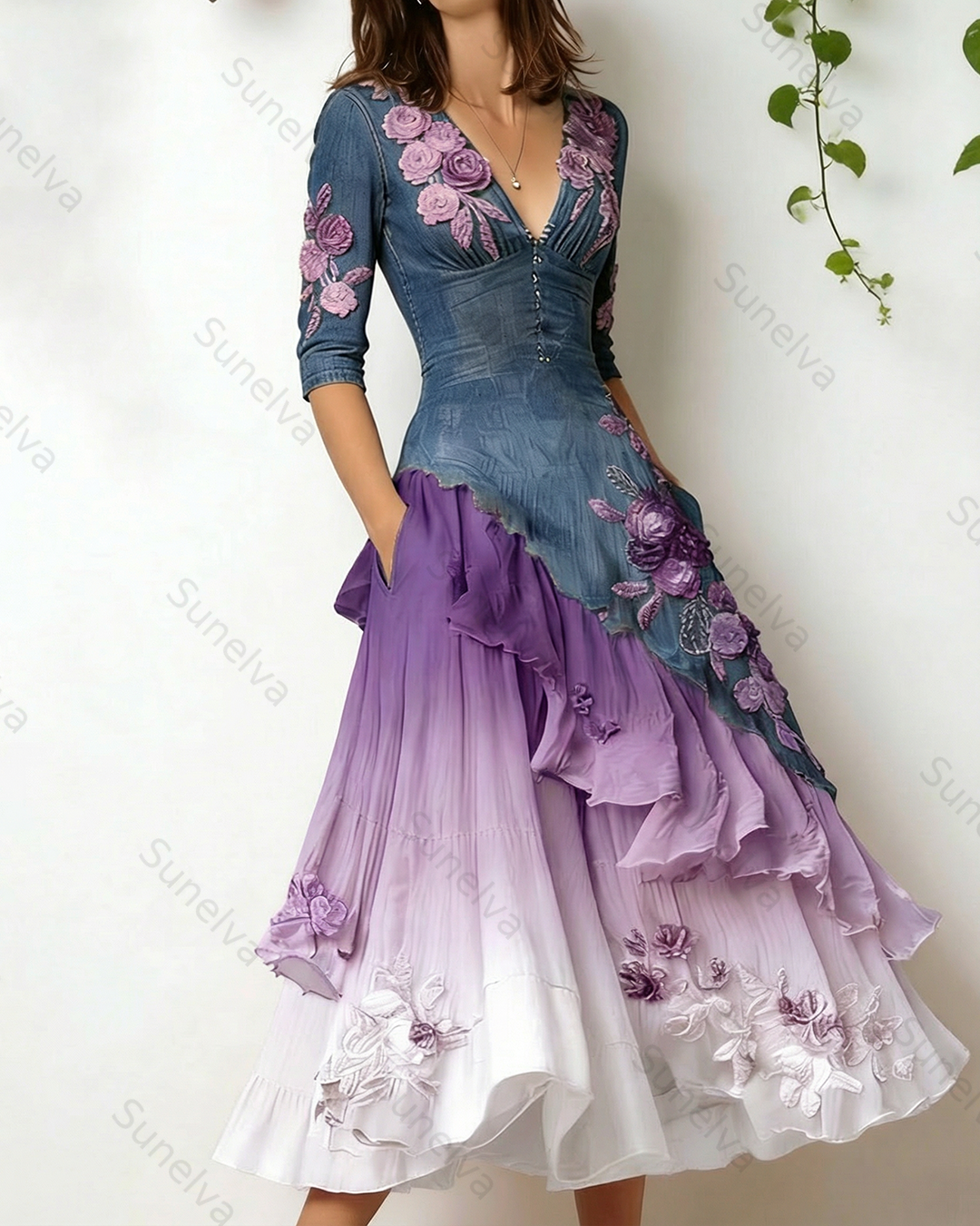 Women's Elegant Flowers Embroidery Irregular Ruffle Linen Patchwork Dress 1865