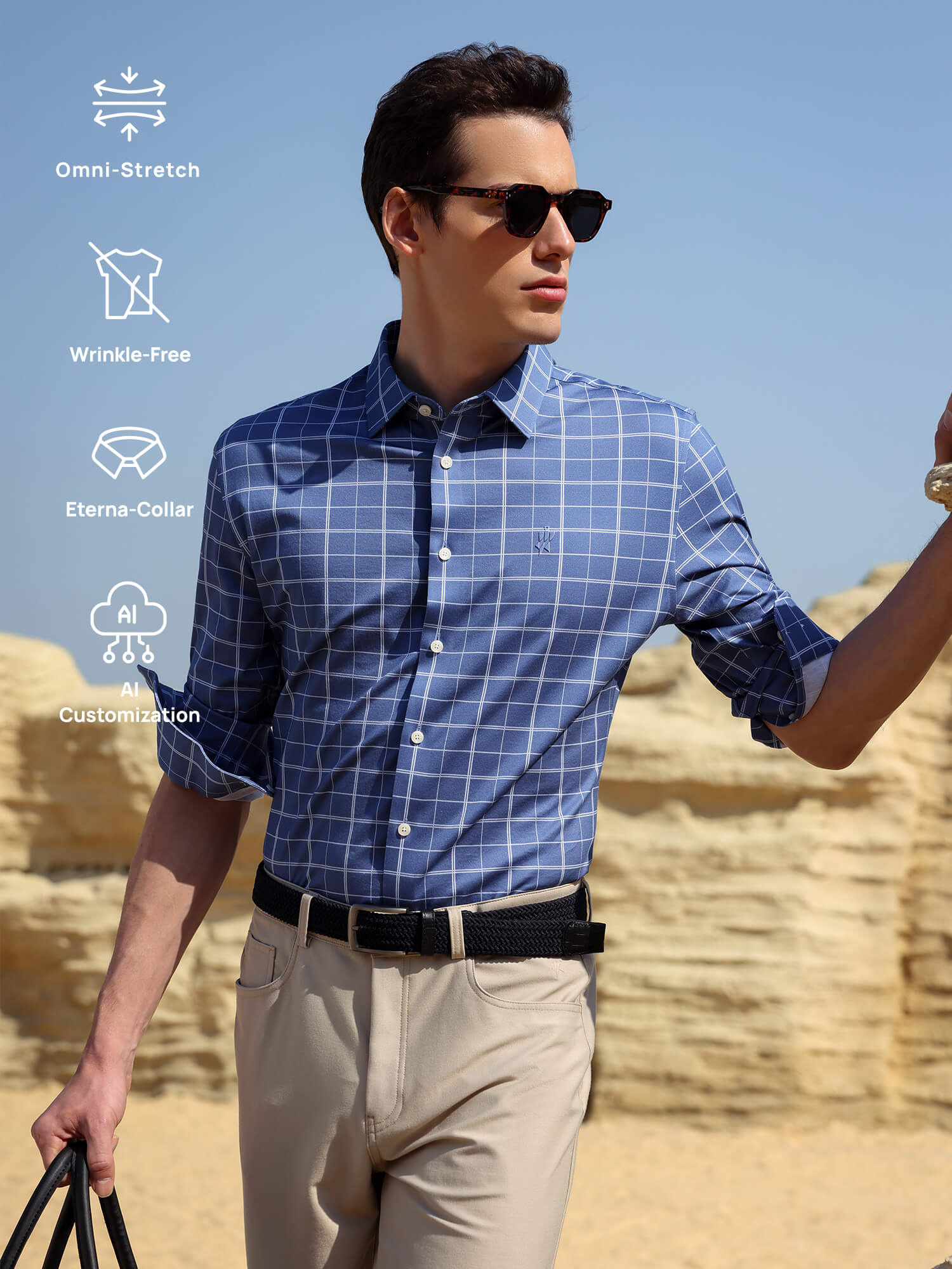 Cobalt Blue Omni-Stretch Check Dress Shirt
