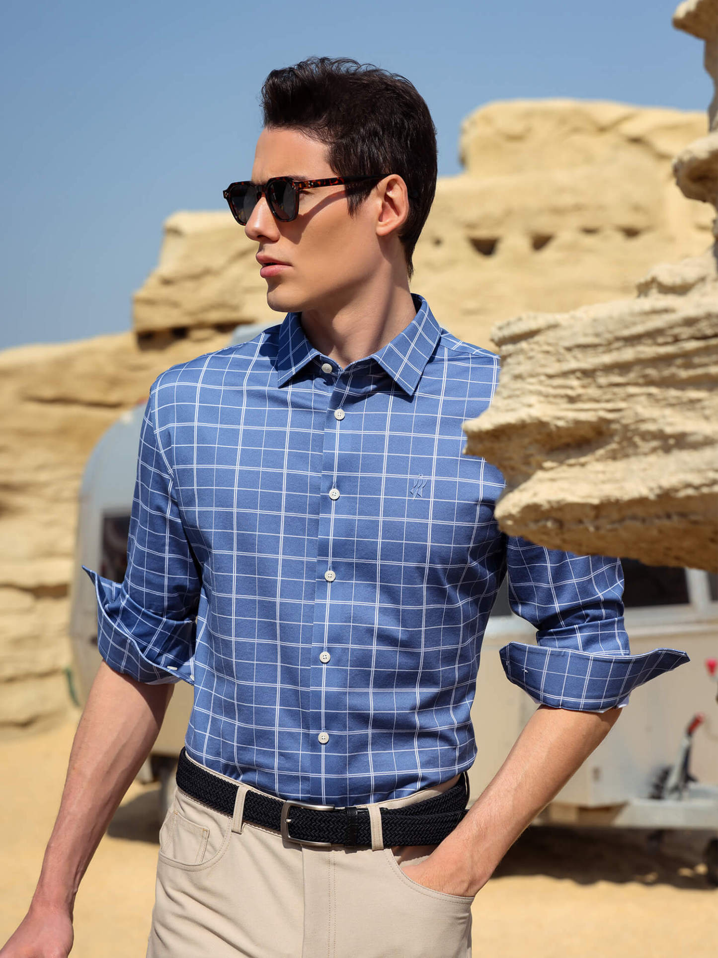 Cobalt Blue Omni-Stretch Check Dress Shirt