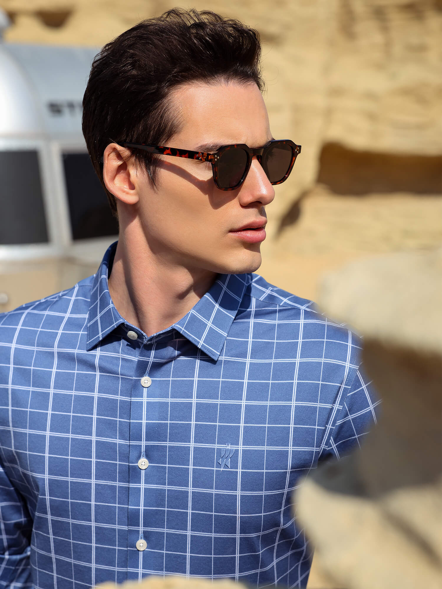 Cobalt Blue Omni-Stretch Check Dress Shirt