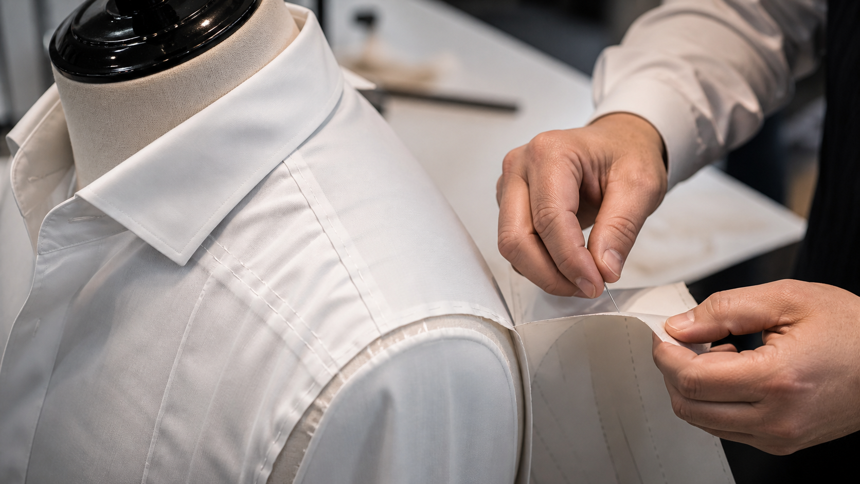 Close view of shirt shoulder and collar construction