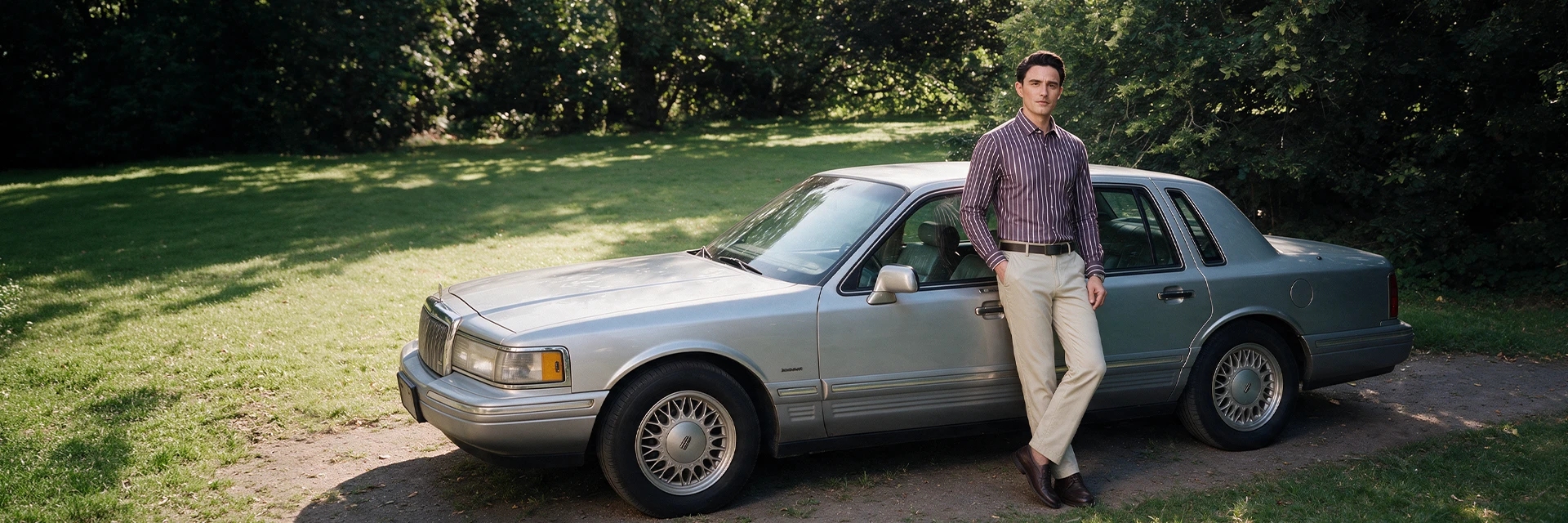 OWNDREAM man in a premium striped shirt beside a classic luxury sedan