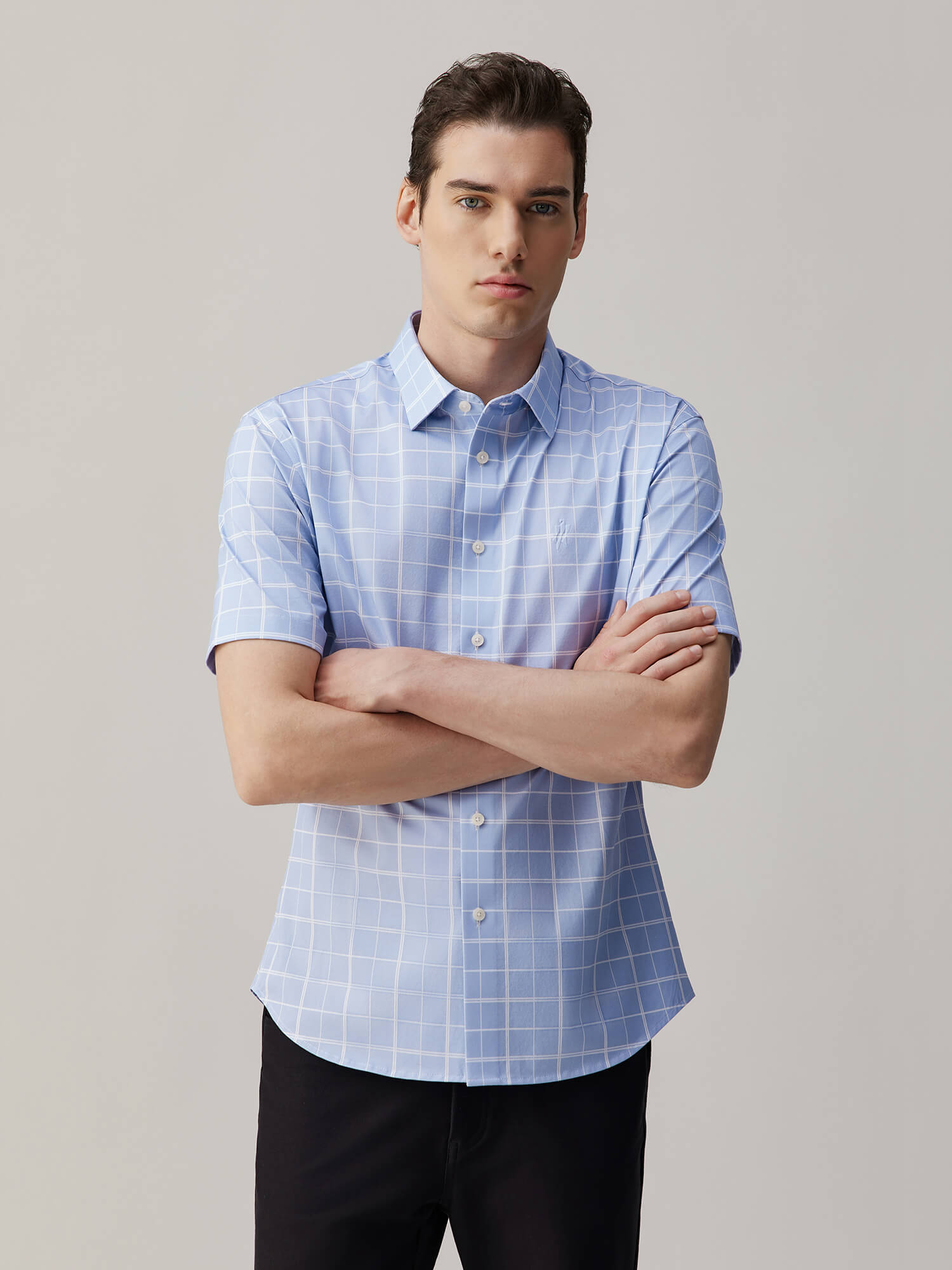 Opal Blue Omni-Stretch Check Short-Sleeve Shirt