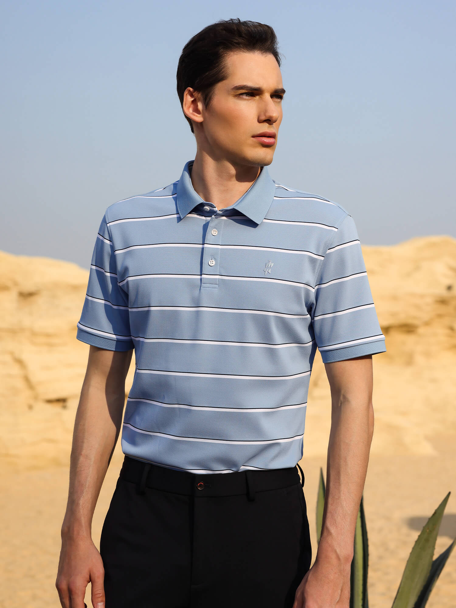 Sky Blue Striped High-Stretch Polo