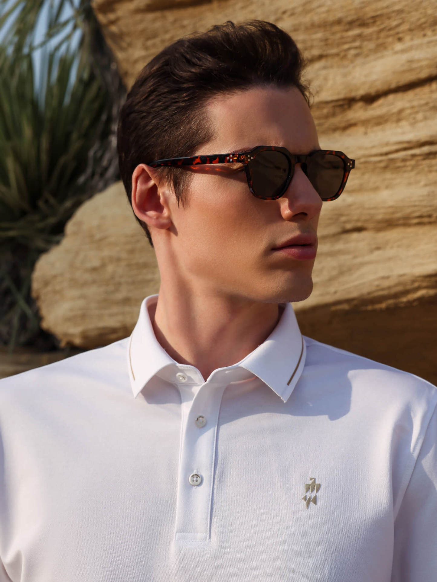 Ivory White High-Stretch Gold-Trimmed Collar Polo
