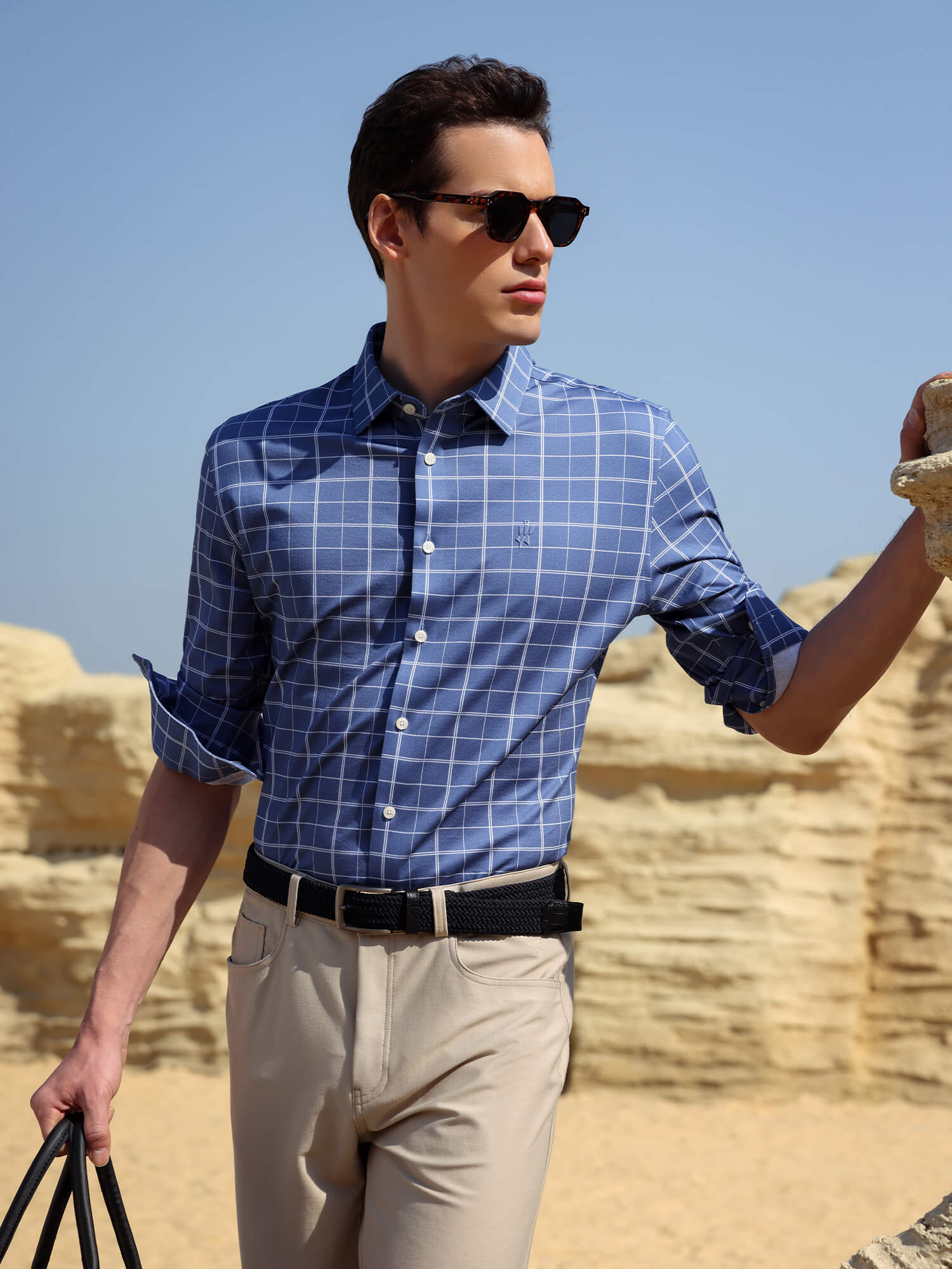 Cobalt Blue Omni-Stretch Check Dress Shirt