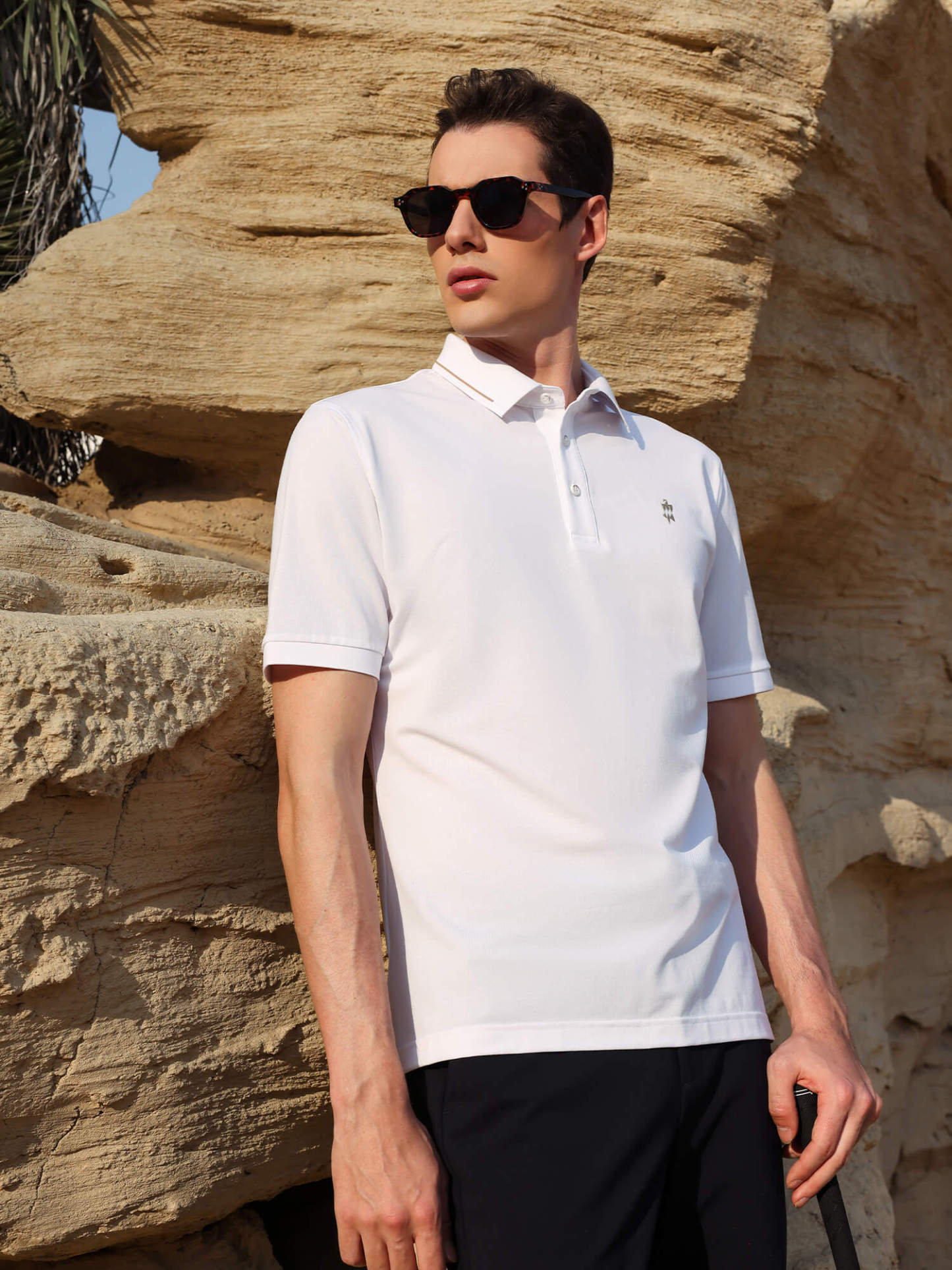 Ivory White High-Stretch Gold-Trimmed Collar Polo
