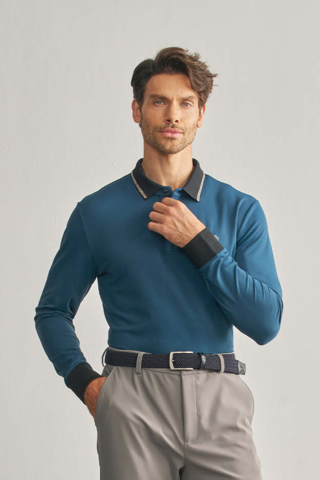 Cyan Long Sleeve Stretch Polo Shirt-OWN DREAM Shirts