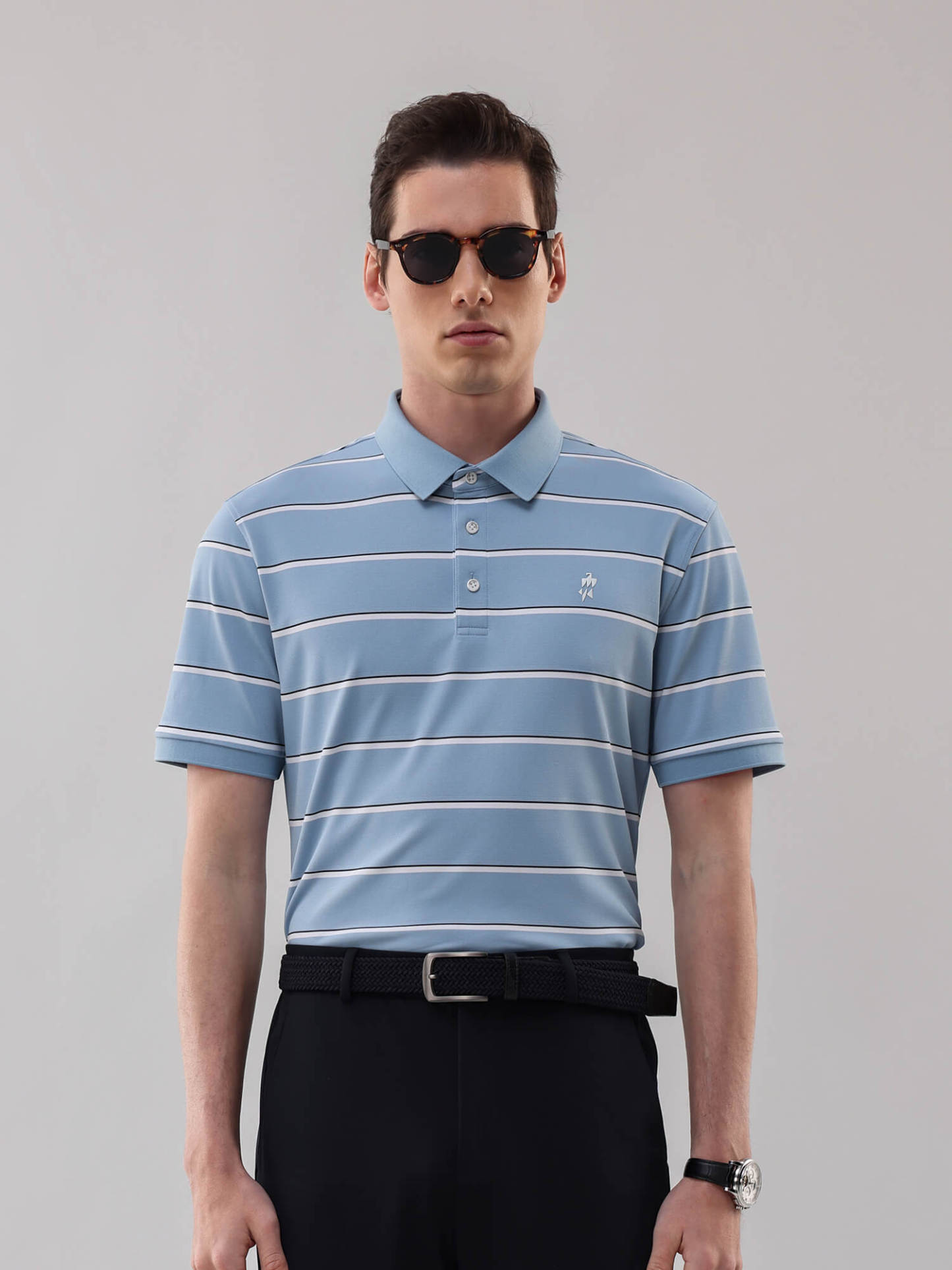 Sky Blue Striped High-Stretch Polo