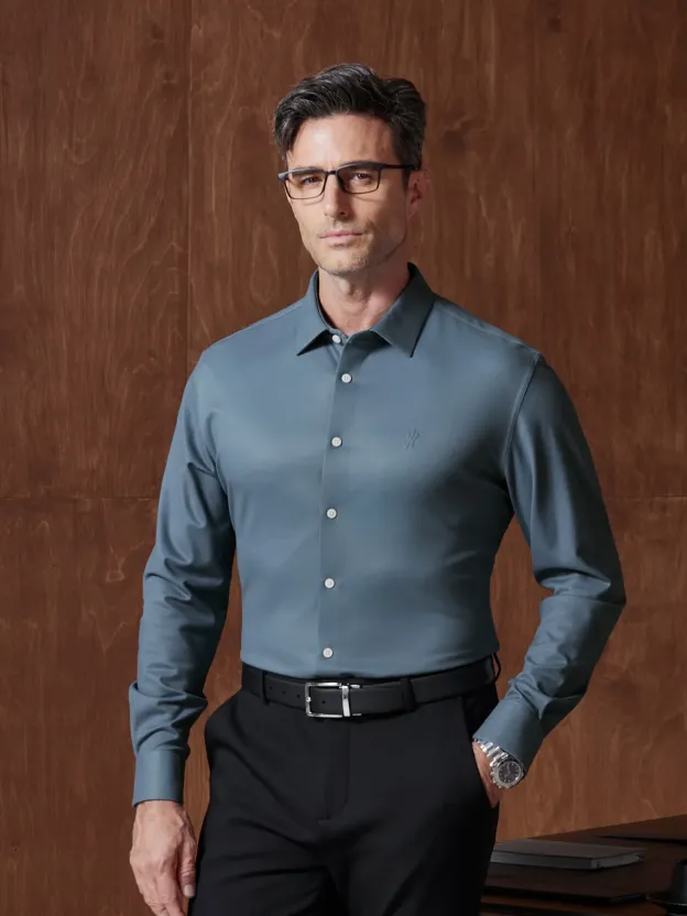 WarmTech Ultra Ice Blue Check Cashmere Stretch Shirt