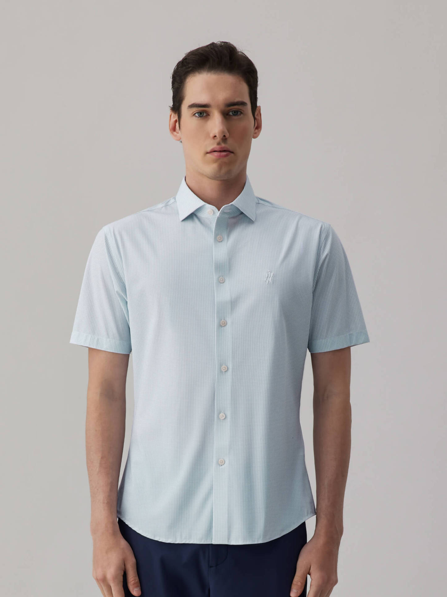 Glacier Gray Blue Check High-Stretch Short-Sleeve Shirt-OWN DREAM