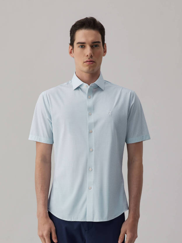 Glacier Gray Blue Check High-Stretch Short-Sleeve Shirt-OWN DREAM