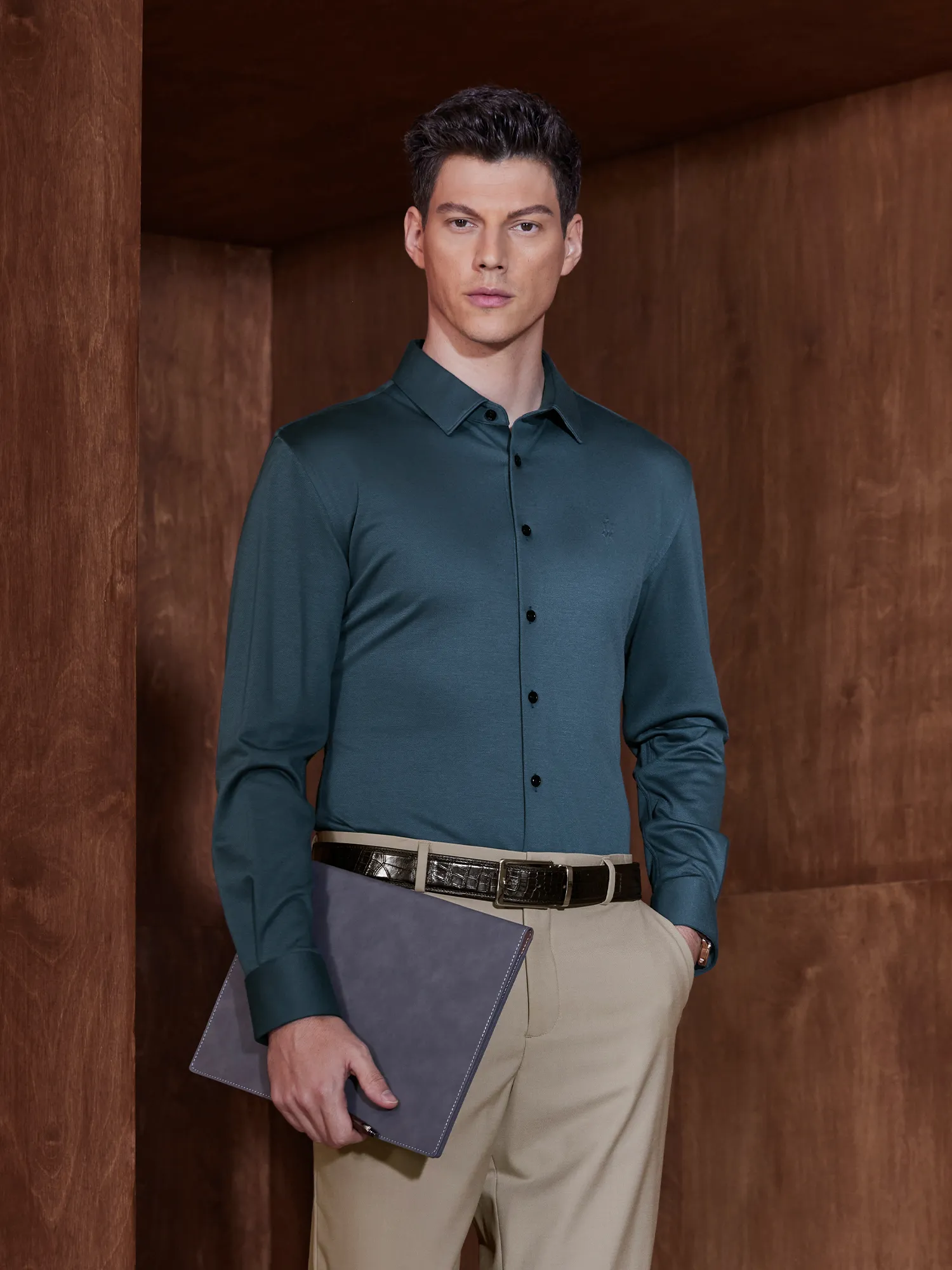 Deep Ocean Blue Wool-Silk Stretch Shirt