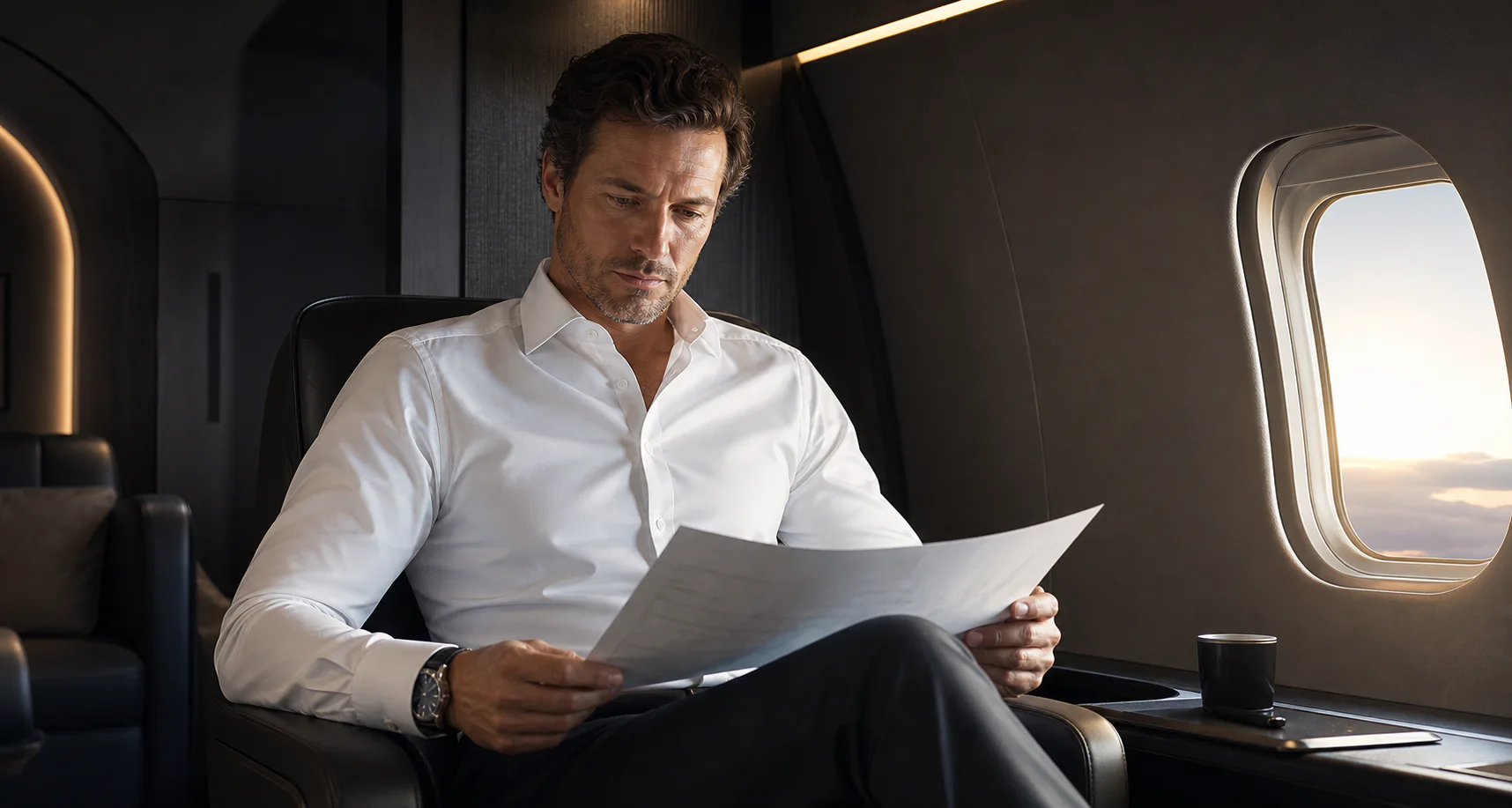 OwnDream entrepreneur preparing for a meeting in a private aviation lounge